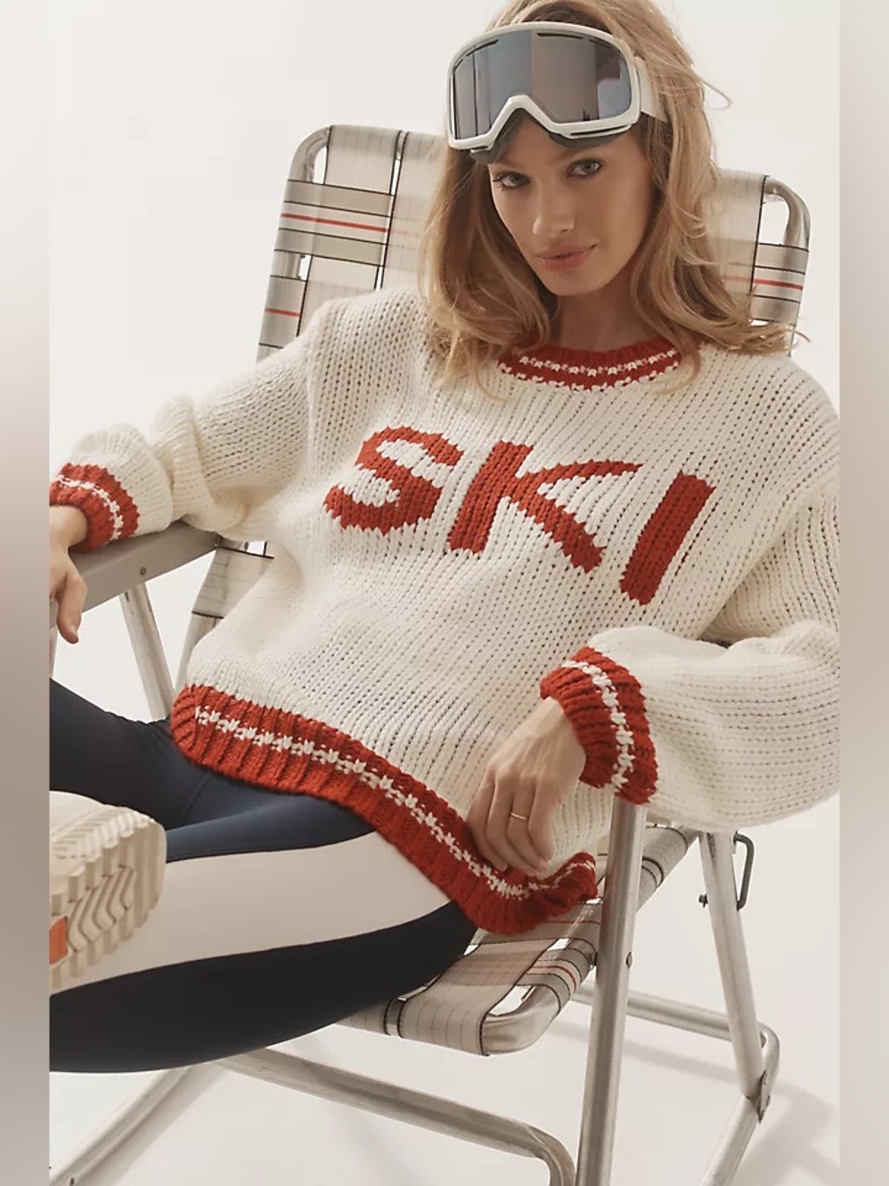 Anthropologie Maeve SKI Sweater M Ivory Red Apres Ski Lodge Chunky Knit Pullover